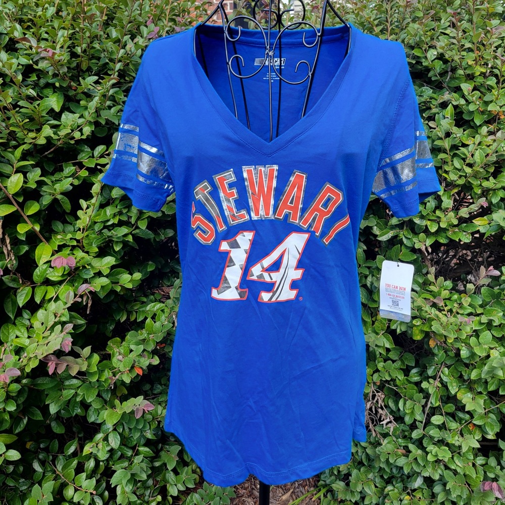 NASCAR M T Shirt Blue Stewart 14 Silver Foil Graphic V Neck Tee Feminine Summer